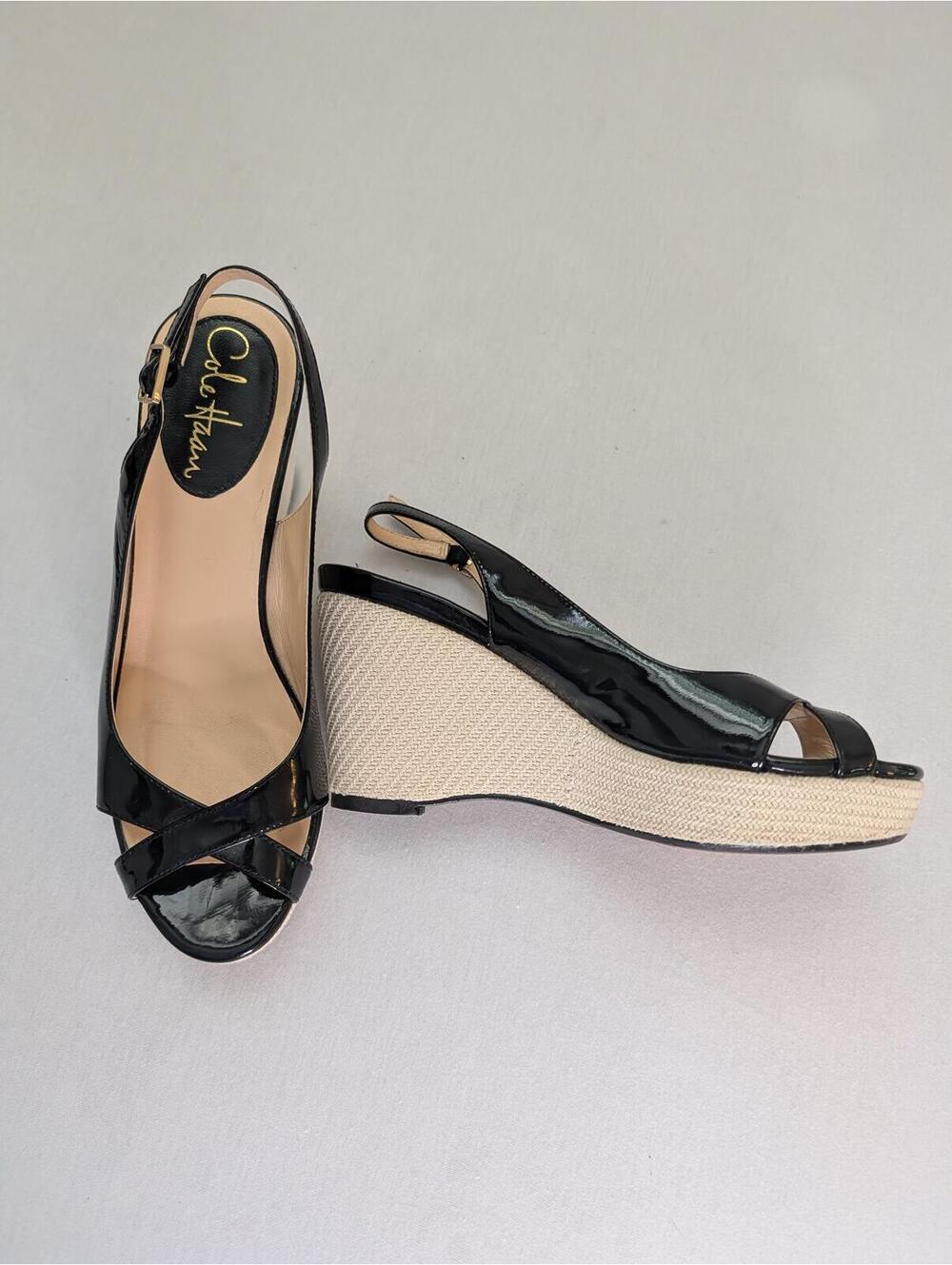 Cole Haan Black Patent Leather Wedge Sandals Size 6
